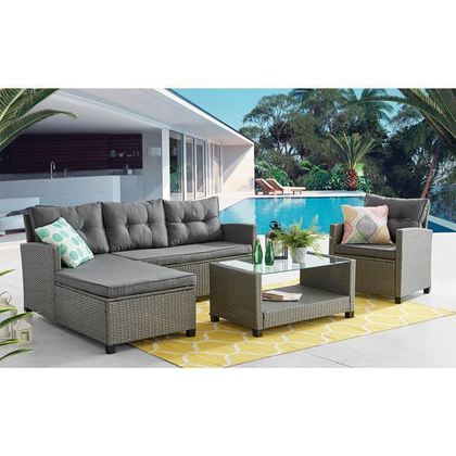 Set Steel (Corner Sofa+Table+Armchair) Wicker Grey/ Cushions Dark Grey ZWW Patio