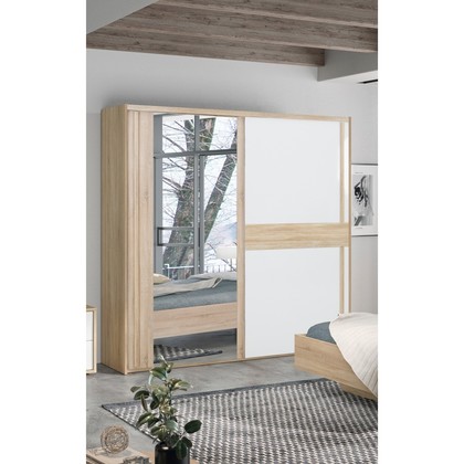 Curtys ντουλάπα με 2 συρόμενες πόρτες & καθρέφτη 221x61x214εκ. Sonoma Oak / Λευκή γυαλιστερή λάκα