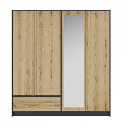 Mimizan Ντουλάπα με 4 πόρτες , 1 συρτάρι και καθρέφτη 197x60x213εκ. Helvezia Oak/Black