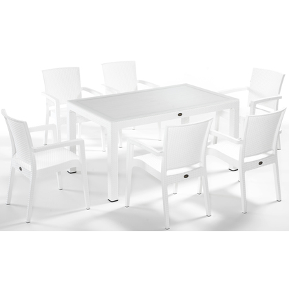 Σετ τραπεζαρία Κήπου Πολυπροπυλένιο 7τμχ. (Τραπέζι 150x90 + 6 πολυθρόνες 58x62x88) Με τζάμι Defence Χρώμα Λευκό