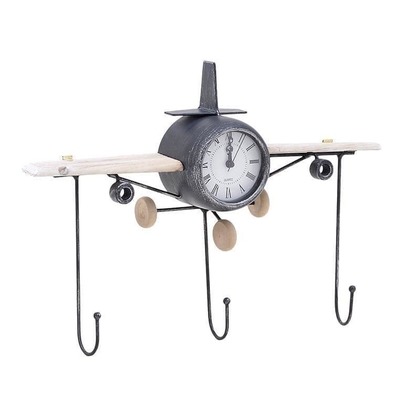 Ρολόι Τοίχου-Κρεμάστρα Αεροπλάνο Μέταλλο/ Ξύλο Φυσικό/ Μαύρο 40x8x29cm Inart 3-20-874-0007