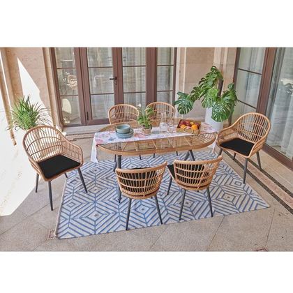 Σετ Τραπεζαρία Κήπου:Μέταλλο Βαφή Μαύρο-Wicker Φυσικό: 2 Πολυθρόνες+ 4 Καρέκλες+Τραπέζι  160x95x74 -57x63x86-53x63x78cm ZWW Salsa  Ε280,S