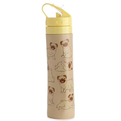 Mopps Pug Reusable Foldable Silicone Flip Straw Water Bottle 600ml 26,5x7x6cm FBOT04