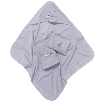 Baby's Bath Set 3pcs (Bath Towel 50x90,Cape 75x75,Glove 15x21) Das Baby Smile Line Embroidery 6617 Grey