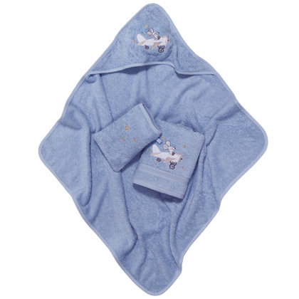 Βρεφικό Σετ Μπάνιου 3τμχ (Πετσέτα Μπάνιου 50x90, Κάπα 75x75, Γάντι 15x21) Das Baby Smile Line Embroidery 6616 Μπλε