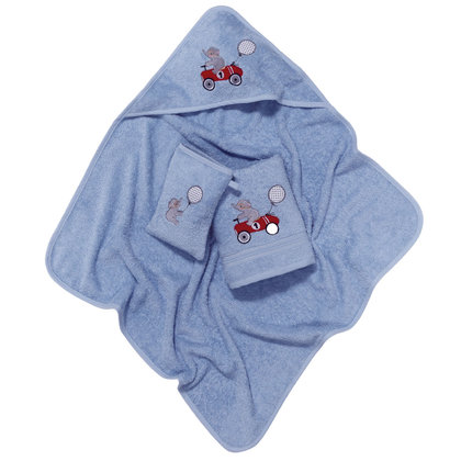 Baby's Bath Set 3pcs (Bath Towel 50x90,Cape 75x75,Glove 15x21) Das Baby Smile Line Embroidery 6615 Blue