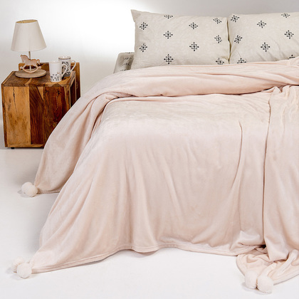 Κουβέρτα Flannel Με Pom Pom Υπέρδιπλη 220x240cm Melinen Home Lisboa  Ecru 100% Polyester /Εκρού