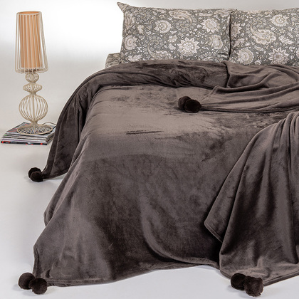  Κουβέρτα Flannel Με Pom Pom Υπέρδιπλη 220x240cm Melinen Home Lisboa  Brown Grey 100% Polyester /Καφέ - Γκρι