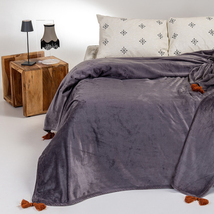  Κουβέρτα Flannel Με Διακοσμητικές Φούντες Υπέρδιπλη 220x240cm Melinen Home Berlin Dark Grey 100% Polyester /Σκούρο Γκρι