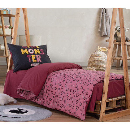 Kids' Single Bed Sheets Set 3pcs 170x260 NEF-NEF Little Monster Hearts Coral 100% Cotton 144TC