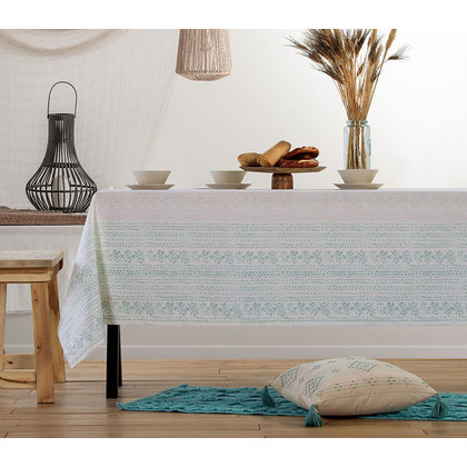 Tablecloth 140x140 NEF-NEF Greyson Off White/Petrol 50% Cotton 50% Polyester