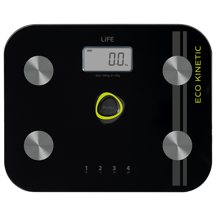 Battery-free Γυάλινη Ψηφιακή Ζυγαριά Μπάνιου Με Λιπομέτρηση, 6 σε 1. LIFE ECO KINETIC 221-0364