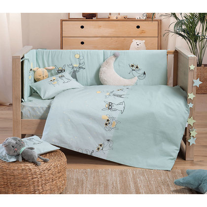 Baby's Crib Sheets Set 3pcs 120x170 NEF-NEF Party For Animals Aqua 100% Cotton 144TC