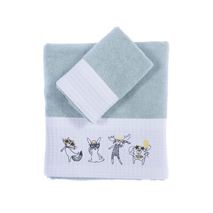 Baby's Bath Towels Set 2pcs 30x50/70x140 NEF-NEF Party For Animals Aqua 100% Cotton