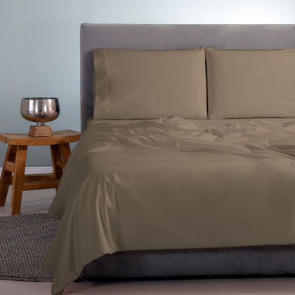 Queen Size Flat Bedsheets 4pcs. Set 250x270cm Satin Cotton Aslanis Home Satin Plain 627 Khaki 697924