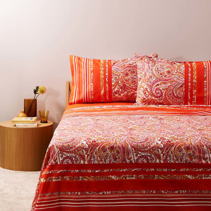 Queen Size Flat Bedsheets 4pcs. Set 250x280cm Cotton Bassetti Noto - Red 698906