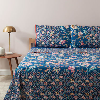 Queen Size Flat Bedsheets 4pcs. Set 250x280cm Cotton Satin Bassetti Vicenza - Petrol 714437